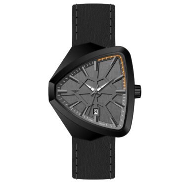 Black angular wristwatch with a skeleton dial, orange accent along the edge, and a black leather strap with stitch detail.