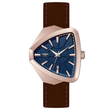 Rose-gold watch with a blue dial, brown leather strap, and stitching along the strap.