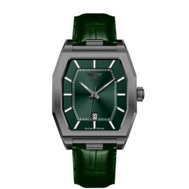 Green dial wristwatch with an octagonal brushed steel case, silver hour markers, and date window at 6 o'clock.