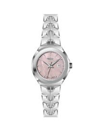 Stainless steel wristwatch with a pink dial silver hour markers and a date window at 3 oclock