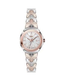 Two tone wristwatch with rose gold bezel and patterned metal bracelet close up view of dial with date window at 3 oclock