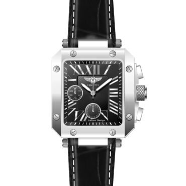 Rectangle metal wristwatch with a black dial, white Roman numerals, three subdials, and a black leather strap sewing detail visible on the band edge