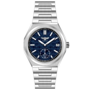 Stainless steel wristwatch with a blue textured dial, date window at 3 o'clock, and a subdial at 6, labeled Verutti Milano Edition.