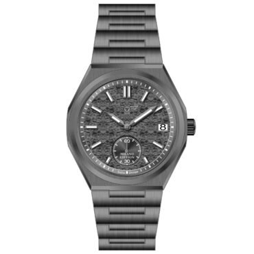 Stainless steel wristwatch with a brushed finish, textured gray dial, white hour markers, date window at 3, and metal bracelet.