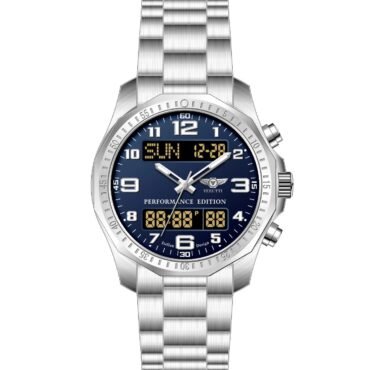 Silver stainless steel wristwatch with blue dial, analog hands, and digital displays showing time and date; marked 'VERUTTI' and 'PERFORMANCE EDITION'