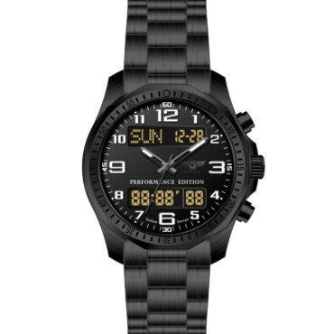 Black sports wristwatch with metal bracelet, analog dial, and digital displays reading 'SUN 12:28'; 'Performance Edition' text visible.