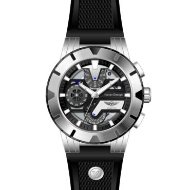 Wristwatch with a brushed silver case, black textured strap, and a complex skeleton dial showing multiple subdials and Italian Design text (Verutti).