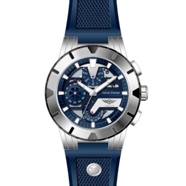 Illustration of a blue-and-silver wristwatch with a textured blue strap and a detailed multi‑dial face with silver hands on a metallic bezel.