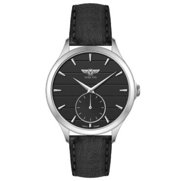 Verutti wristwatch with a black dial, silver case, and black leather strap; features a small subdial at 6 o'clock and minimalist hour markers.