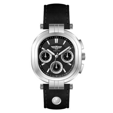 High-detail illustration of a stainless steel wristwatch with a black leather strap and multiple subdials on a black dial, showing a premium chronograph design and embossed crown on the side.