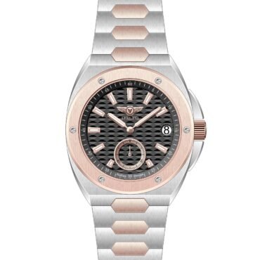Two-tone wristwatch with a rose-gold bezel and silver bracelet, black textured dial, and date at 3 o'clock showing 8.