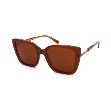 Brown cat-eye sunglasses with orange lenses on a white background, close-up view