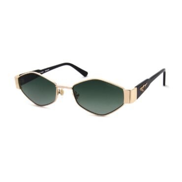 Gold metal-framed sunglasses with dark green lenses and black temples, shown from a low angle in front.