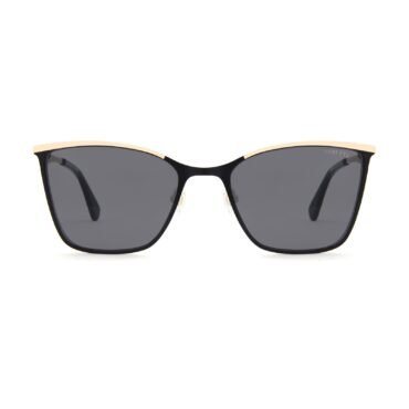 Black-framed sunglasses with beige accent along the top edge and dark gray lenses, front view (product photo).