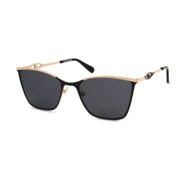 Black-lens sunglasses with a beige frame and black temple tips, close-up view on white background, brand visible on temple