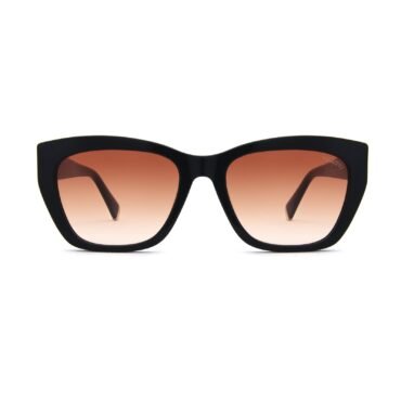 Black cat-eye sunglasses with thick black frame and orange gradient lenses facing forward.