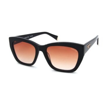 Black cat-eye sunglasses with orange-pink gradient lenses on a white background, gold logo detail on the temple.