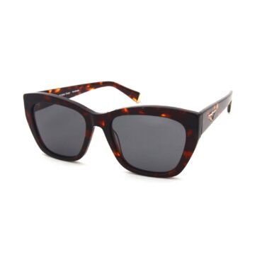 Tortoiseshell oversized square sunglasses with dark lenses and a small emblem on the temple edge.