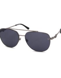 Metal aviator sunglasses with dark blue lenses and slim double bridge photographed on a white background