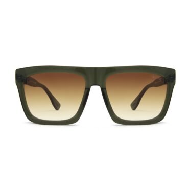 Close-up of dark green rectangular sunglasses with brown gradient lenses on a white background.