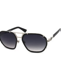 Sunglasses with a metal frame black temple tips and dark gradient lenses resting on a white background