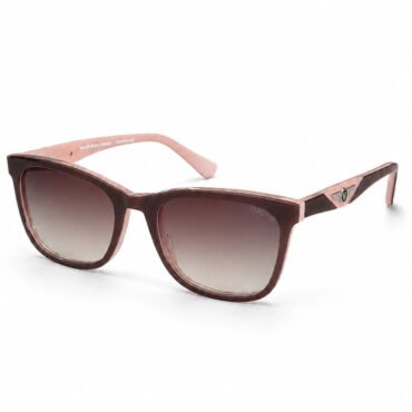Brown-to-pink gradient sunglasses with square lenses on a white background.