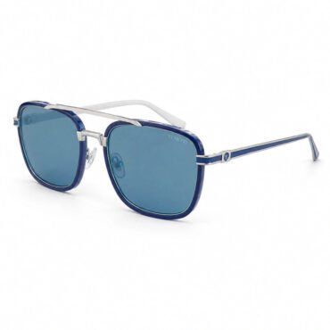 Blue sunglasses with squared, blue-tinted lenses and a slim metal frame, white nose pads, and white temple tips.