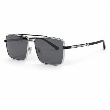Sunglasses with a rectangular silver metal frame and dark gray lenses, Verutti branding on the temples.