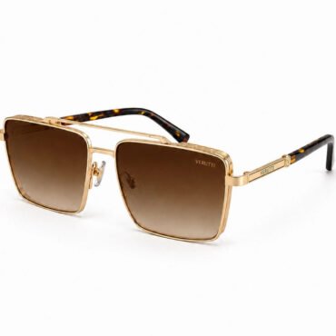 Gold-tone metal square sunglasses with gradient brown lenses and tortoiseshell temple tips, Verutti branding visible on the frame edge