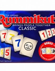 Rummikub Classic game box with blue background red logo and scattered numbered tiles and a red bonus circle on the right side