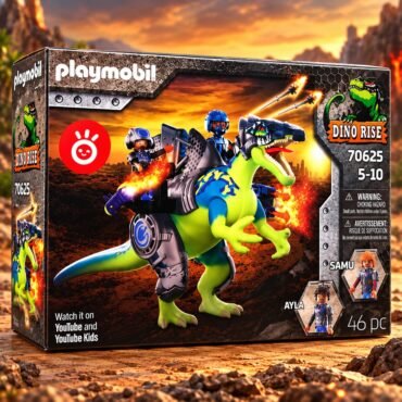 Playmobil Dino Rise set box with a green dinosaur and riders charging through a fiery volcanic battlefield ages 510