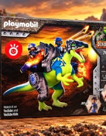 Playmobil Dino Rise toy box green dinosaur with riders fiery lava backdrop set number 70625 for ages 510