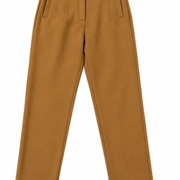 Tan tailored trousers with pleated front panels and slanted side pockets.",