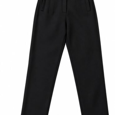 Black tailored pants with front pleats and inset side pockets at the hips in a slim fit silhouette.
