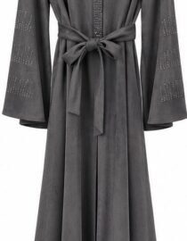 Long gray robe with a tied belt at the waist and studded detailing along the sleeves and front placket