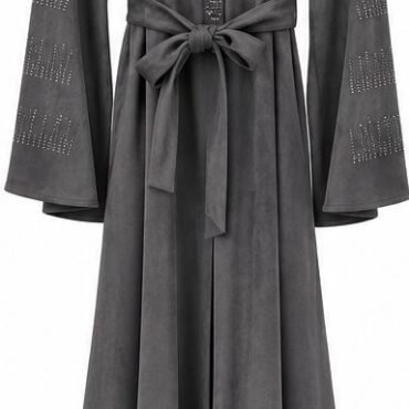 Long gray robe with a tied belt at the waist and studded detailing along the sleeves and front placket.