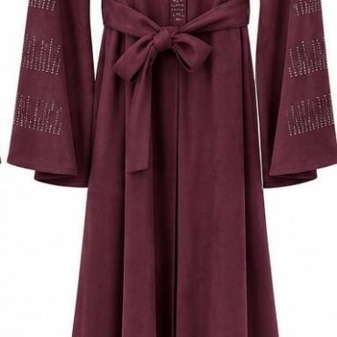 Maroon long robe with a self-ties belt and bell sleeves featuring dotted cutout patterns on the sleeves and front placket.