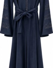 WhatsApp-Image-2026-10-29-at-43241-PM - المول الشامل في الاردن Navy blue maxi dress with long wide sleeves studded embellishments on the sleeves and front placket and a tied waist belt