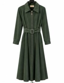 WhatsApp-Image-2026-10-29-at-43630-PM - المول الشامل في الاردن Dark green knee length belted coat dress with a zip front and wide collar hanging on a hanger