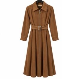 Brown suede like long trench coat with a matching belt and front zipper displayed on a hanger