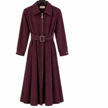 Burgundy long-sleeve midi dress with front zipper and matching belt with square buckle