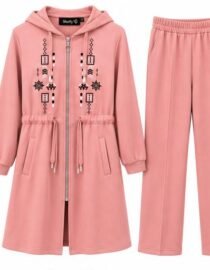 WhatsApp-Image-2026-10-29-at-50321-PM - المول الشامل في الاردن Pink hooded coat with front zipper and drawstring waist paired with matching pink wide leg pants black embroidered designs on chest