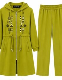 Lime green hooded coat with zipper drawstrings pockets and geometric embroidery paired with matching wide leg pants for kids