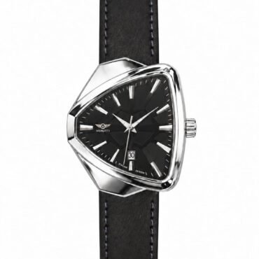 Men's wristwatch with a geometric silver case, black dial, and black leather strap.