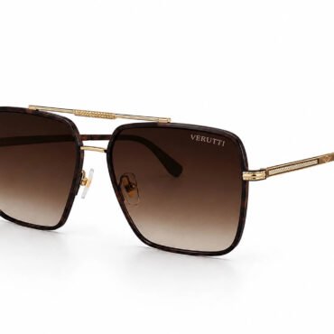 Square, tortoiseshell sunglasses with brown gradient lenses and ornate gold metal arms; Verutti branding on lens frame.