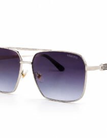 Sunglasses with a silver metal frame and gradient purple to gray lenses Verutti brand on a white background