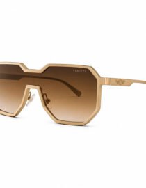 Gold geometric sunglasses with brown gradient lenses and a brand logo on the temple