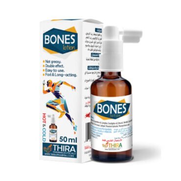 Brown bottle of Bones lotion with a spray top beside its box; label reads BONES lotion, 50 ml, Thira Pharmaceuticals.