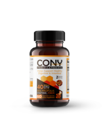 Brown glass bottle with a black cap containing a prebiotic and probiotic dietary supplement label says Prebiotic  Probiotic and Supports Healthy Digestive  Intestinal Health with a hexagonal orange design