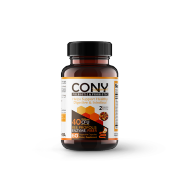 Brown glass bottle with a black cap containing a prebiotic and probiotic dietary supplement; label says 'Prebiotic & Probiotic' and 'Supports Healthy Digestive & Intestinal Health' with a hexagonal orange design.